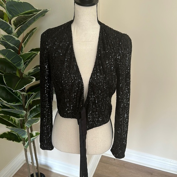 ML Monique Lhullier Black Sequin Wrap Top XS - Picture 5 of 8